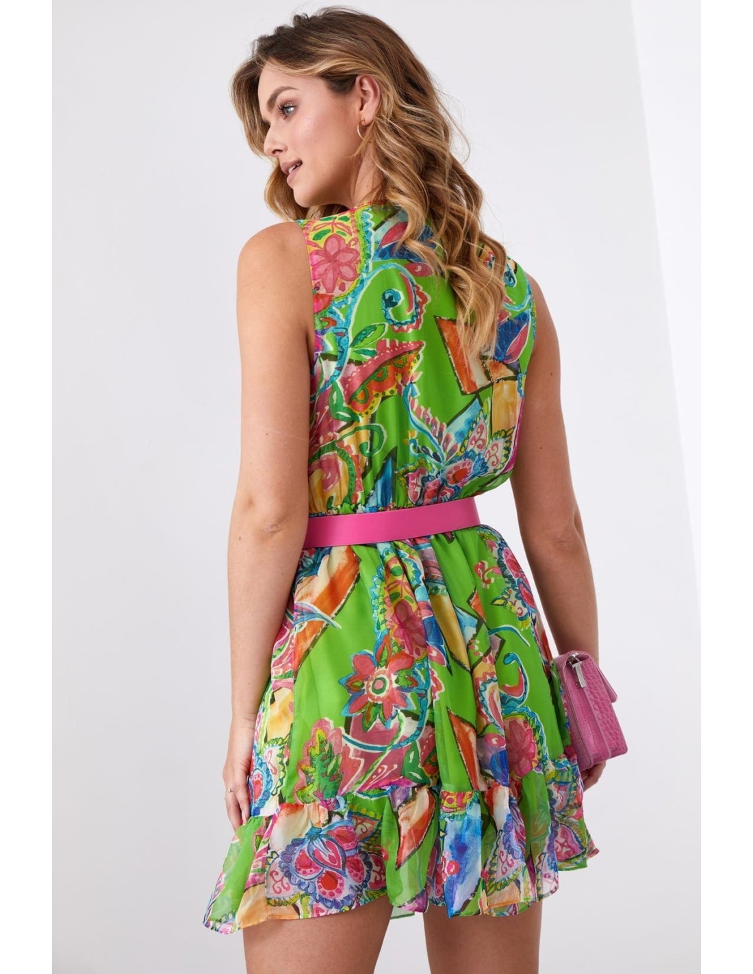 Light patterned dress with a belt, green and pink 03040 - Online store - Boutique